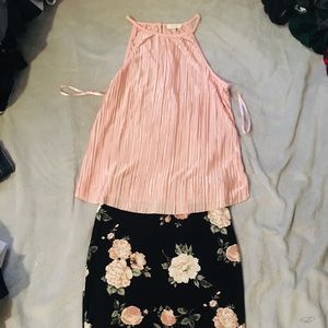 Floral Pencil Skirt and Pink Halter Top